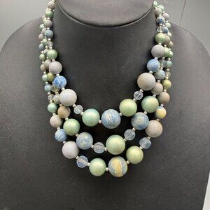 Vintage 3-Strand Beaded Necklace Blue & Green Marbled Beads Japan 15-17 Inches L